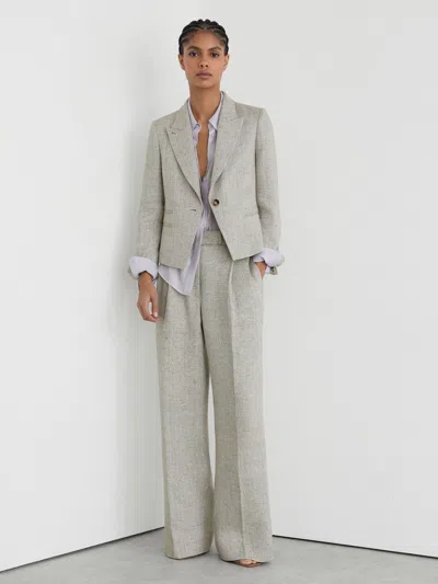 Reiss Neutral Petite Herringbone Linen-blend Cropped Suit Blazer In Gray
