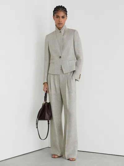 Reiss Neutral Petite Herringbone Linen-blend Straight-leg Suit Trousers