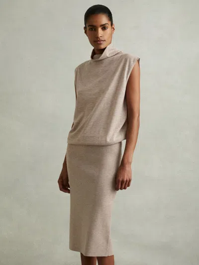 Reiss Neutral Petite Knitted Wool-cashmere Blouson Top Midi Dress In Brown