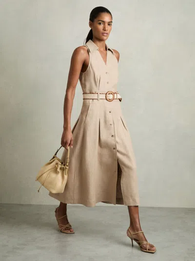 Reiss Neutral Petite Linen Belted Sleeveless Midi Dress