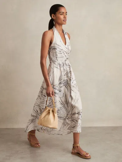 Reiss Neutral Petite Linen Palm Print Halterneck Midi Dress In Multi
