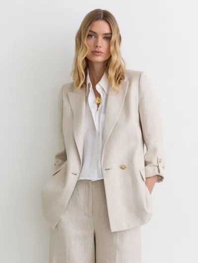 Reiss Neutral Petite Linen-blend Textured Double-breasted Blazer In White