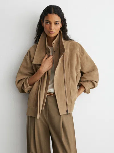 Reiss Neutral Petite Suede Double-layer Relaxed-fit Jacket In Brown