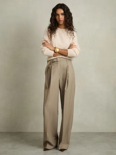 Reiss Neutral Petite Wool Belted Wide-leg Trousers In Brown