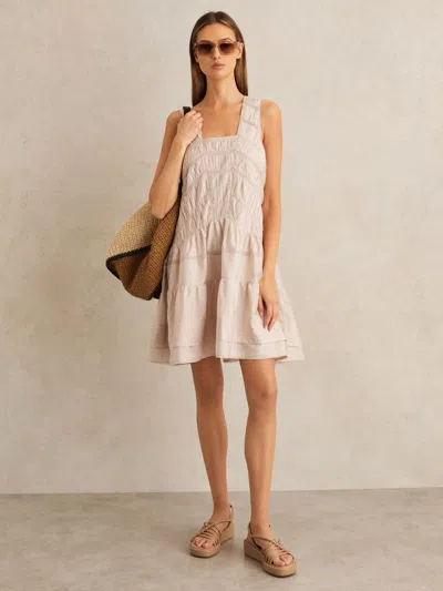 Reiss Neutral Shirred Ruffle Hem Mini Dress