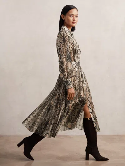 Reiss Neutral Snake-print Pleated Midi Dress In Multi