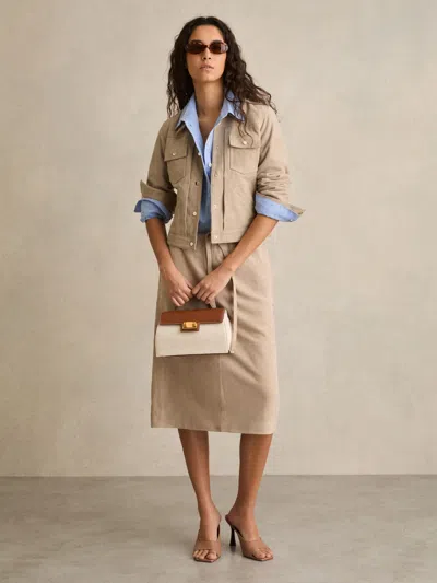 Reiss Neutral Suede Drawstring Midi Skirt
