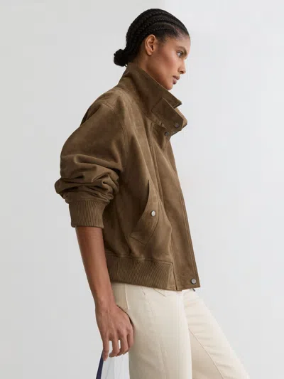 Reiss Neutral Suede Funnel-neck Bomber Jacket In Brown