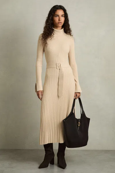 Reiss Neutral Vinette Ribbed Funnel Neck Belted Midi Dress
