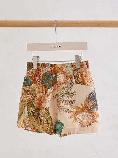 Reiss Kids'  Neutral Violeta 9-13 Yrs Cotton Tropical-print Tie-waist Shorts