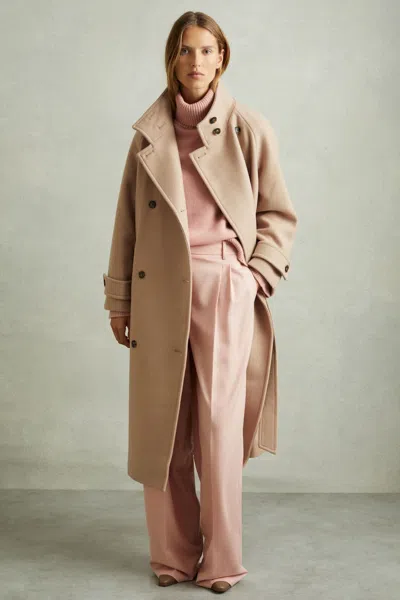 Reiss Neutral Wool Blend Double Breasted Funnel Neck Coat