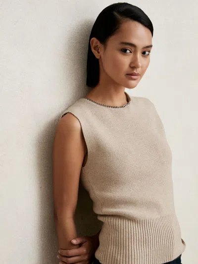 Reiss Neutral Wool-blend Necklace-trim Knitted Vest In Gold