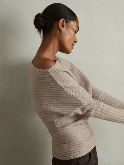 Reiss Neutral Wool-cashmere Off-the-shoulder Draped Jumper In Gray