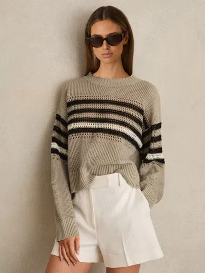 REISS NEUTRAL/BLACK LINEN CROCHET STRIPED JUMPER