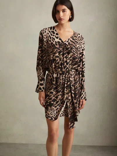 REISS REISS NEUTRAL/BROWN ZAMERA ANIMAL PRINT WRAP BELTED MINI DRESS