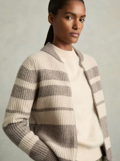 REISS NEUTRAL/BROWN WOOL STRIPE ZIP-THROUGH CARDIGAN