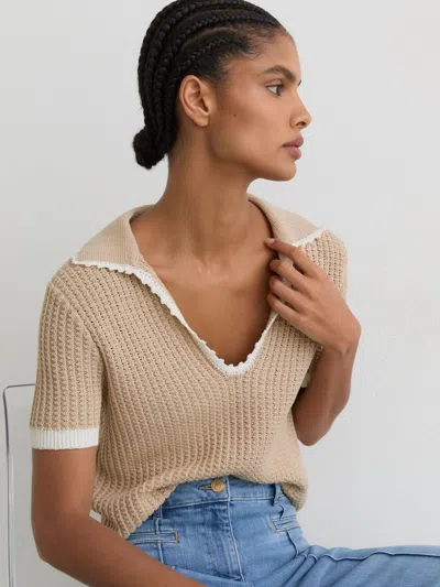 Reiss Womens Neutral White Ottilie Open-collar Cotton And Linen Top In Brown