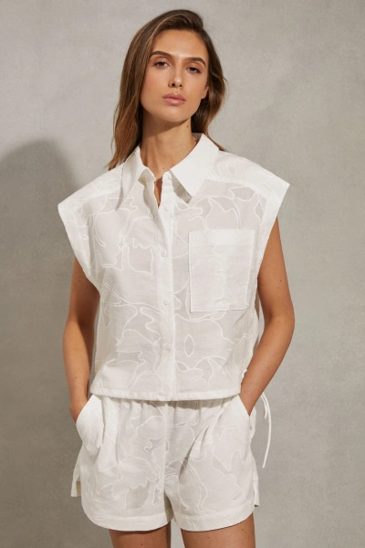 Reiss Nia - White Cotton Embroidered Shirt, Us 4