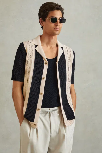 Reiss Nicoli - Navy/stone Crochet Striped Cuban Collar Shirt, M