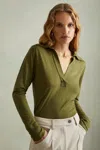 Reiss Green Nixi Lyocell Wool Open Collar Top In Green