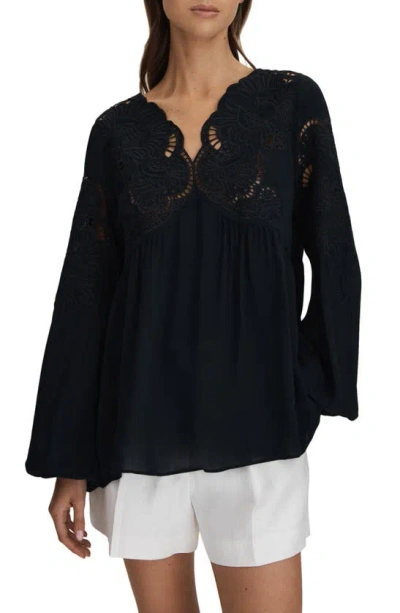 Reiss Noa Lace Insert Blouse In Blue
