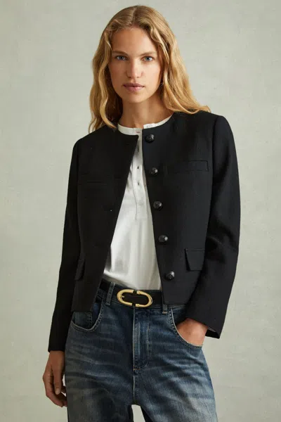 Reiss Nola - Black Cropped Wool Single Breasted Jacket, Us 10