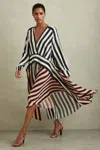 Reiss Navy/off White Nola Colourblock Stripe Asymmetric Midi Dress In Navy/off White
