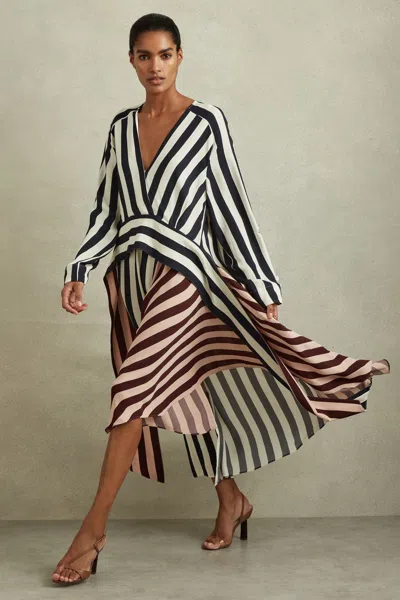 Reiss Navy/off White Nola Colourblock Stripe Asymmetric Midi Dress