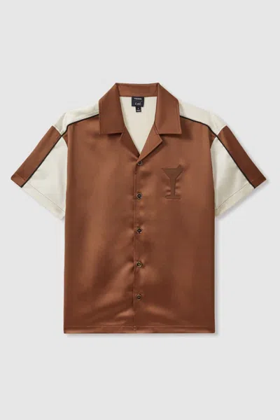 Reiss Tobacco/ecru Ché Satin Effect Colourblock Cuban Collar Shirt