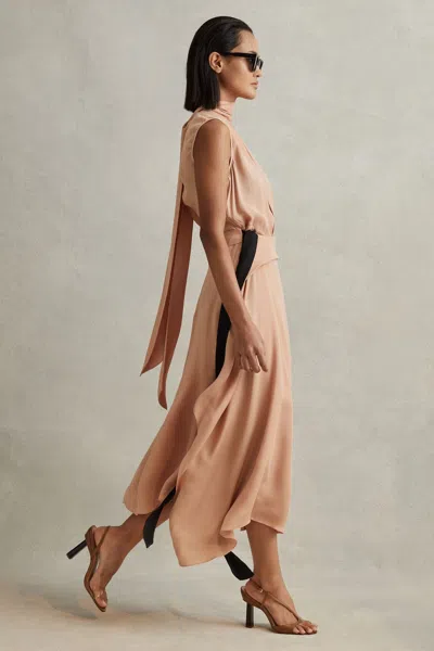 Reiss Nude Harriet Contrast Bow Midi Dress In Neutral