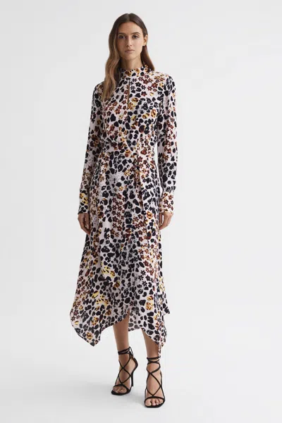 Reiss Nude/black Animal Print Belted Midi Dress