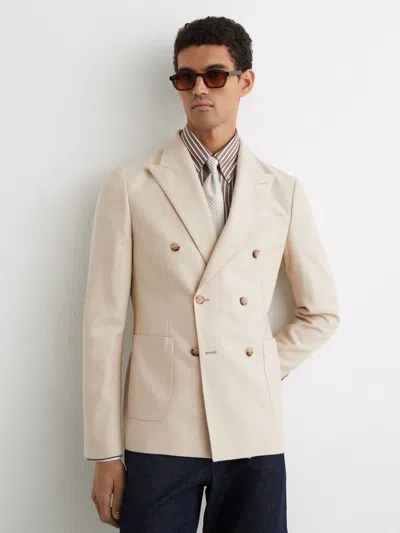 Reiss Oatmeal Brown Carson Db Flannel Double-breasted Blazer Tailored-fit In Neutral
