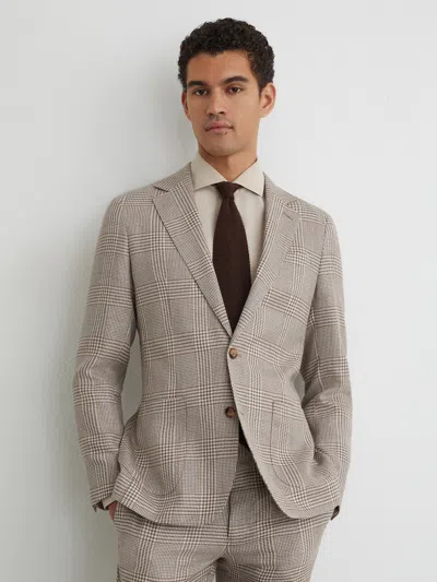 Reiss Oatmeal Brown Epsom Linen-wool Single-breasted Check Blazer Tailored-fit In Gray