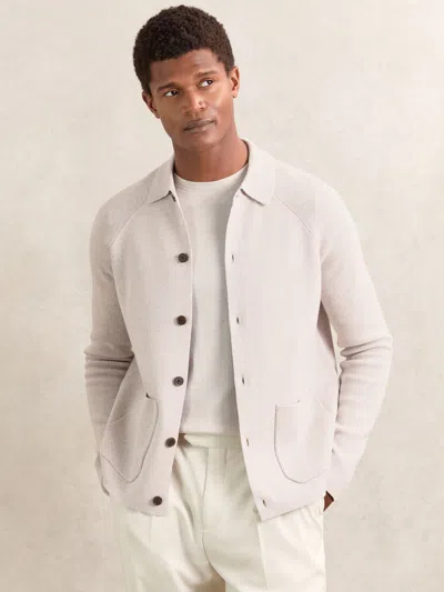 Reiss Oatmeal Brown Fitzgerald Button-through Ribbed-sleeve Shirt In Neutral