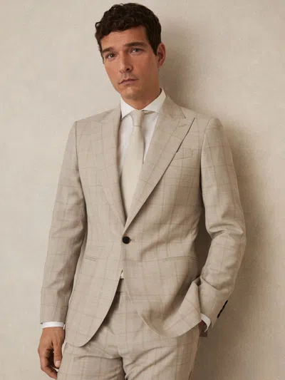 Reiss Oatmeal Brown Slim-fit Single-breasted Wool Check Suit Blazer In Blue