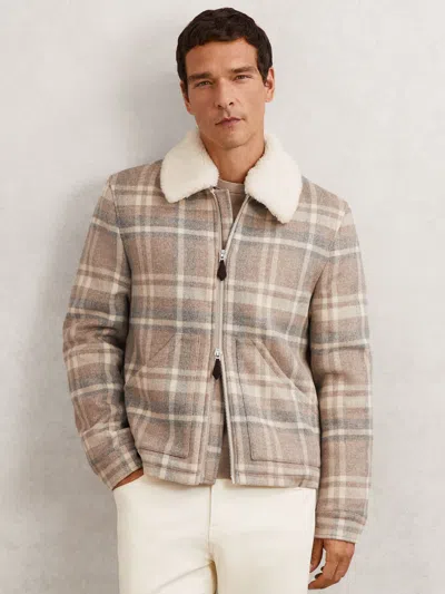 Reiss Oatmeal Brown Wool-blend Check Fleece-collar Jacket