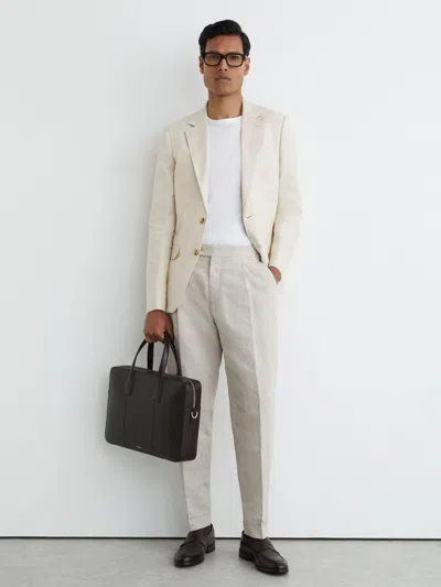 Reiss Oatmeal Finch Linen-cotton Check Tapered Trousers In Brown
