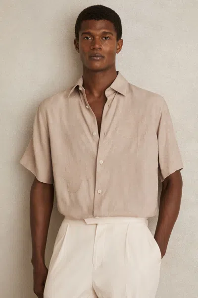 Reiss Oatmeal Floral-jacquard Short-sleeve Shirt In Neutral