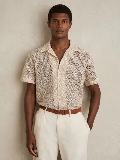 Reiss Oatmeal Geometric Crochet Cuban Collar Shirt In Pink