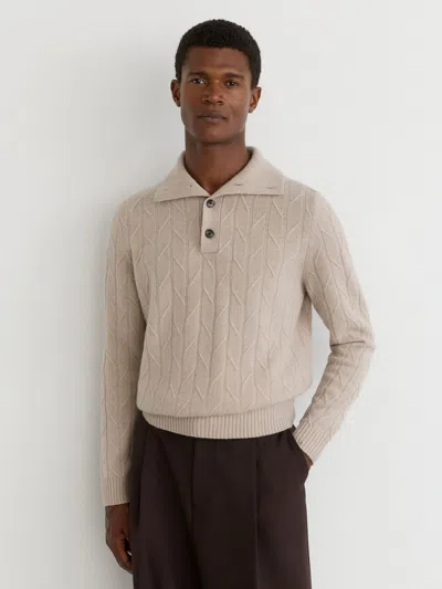 Reiss Littleton Wool Half Button Diagonal Stitch Sweater In Neutral