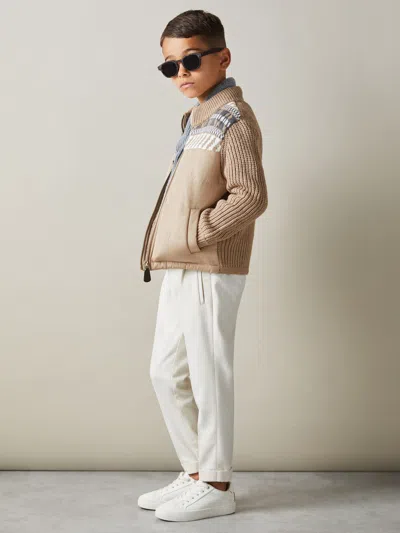 Reiss Oatmeal Melange 3-9 Yrs Hybrid Knit And Quilt Funnel Neck Jacket In Brown