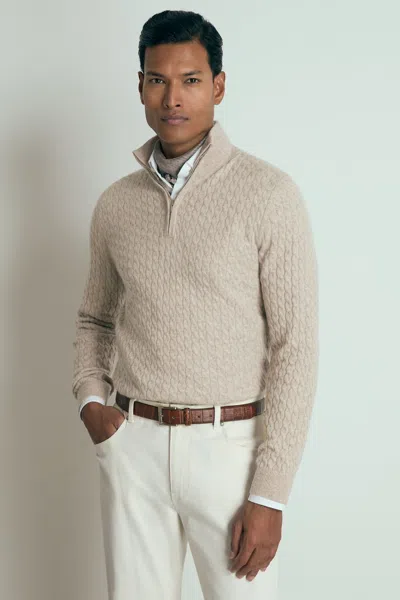 Reiss Oatmeal Melange Atelier Cabled Cashmere Zip Neck Jumper