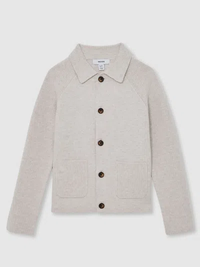 Reiss Kids' Oatmeal Melange Cardigan In Gray