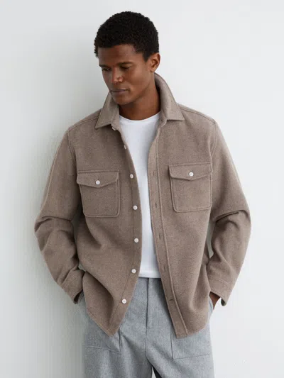 Reiss Oatmeal Brown Melange Forsithe Textured Twin Pocket Cotton Blend Overshirt In Silver