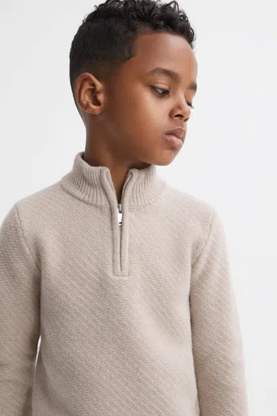Reiss Kids' Oatmeal Melange Tempo Junior Slim Fit Knitted Half-zip Funnel Neck Jumper