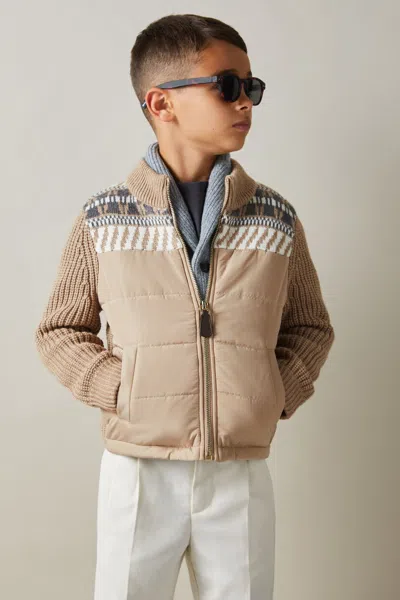 Reiss Oatmeal Melange Hybrid Knit And Quilt Funnel Neck Jacket