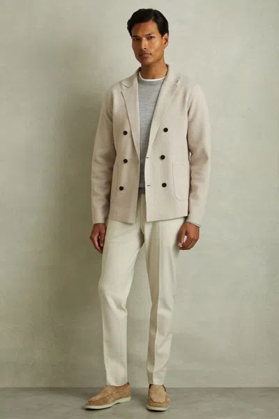 Reiss Oatmeal Melange Knitted Double Breasted Blazer
