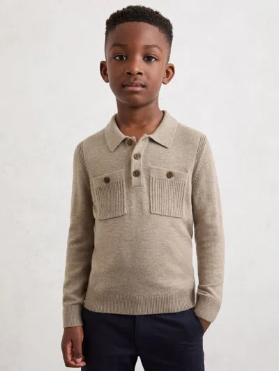 REISS REISS OATMEAL MELANGE RECTORY 3-9 YRS HALF-BUTTON TWIN-POCKET POLO JUMPER WITH MERINO WOOL