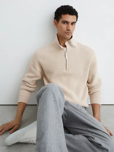 Reiss Oatmeal Melange Prop Cotton-blend Rib Half-zip Polo Jumper In Brown