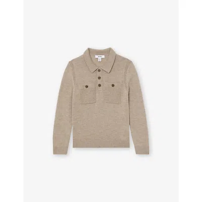 Reiss Kids' Oatmeal Melange Rectory Half-button Knitted Polo In Brown